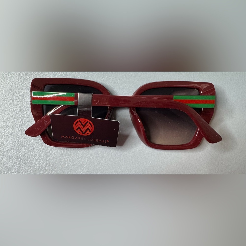 Margaret Josephs Burgundy square Sunglasses gold butterfly green red stripe over - Picture 2 of 4